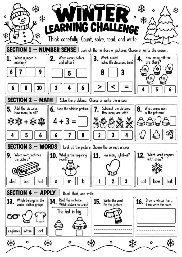 WINTER LEARNING CHALLENGE for Pre-K, Kindergarten, 1st Grade